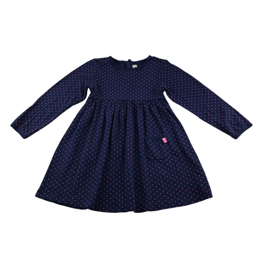 JoJo Maman Behe dress 5-6 years navy with pink polka dots and front picket lace detailing