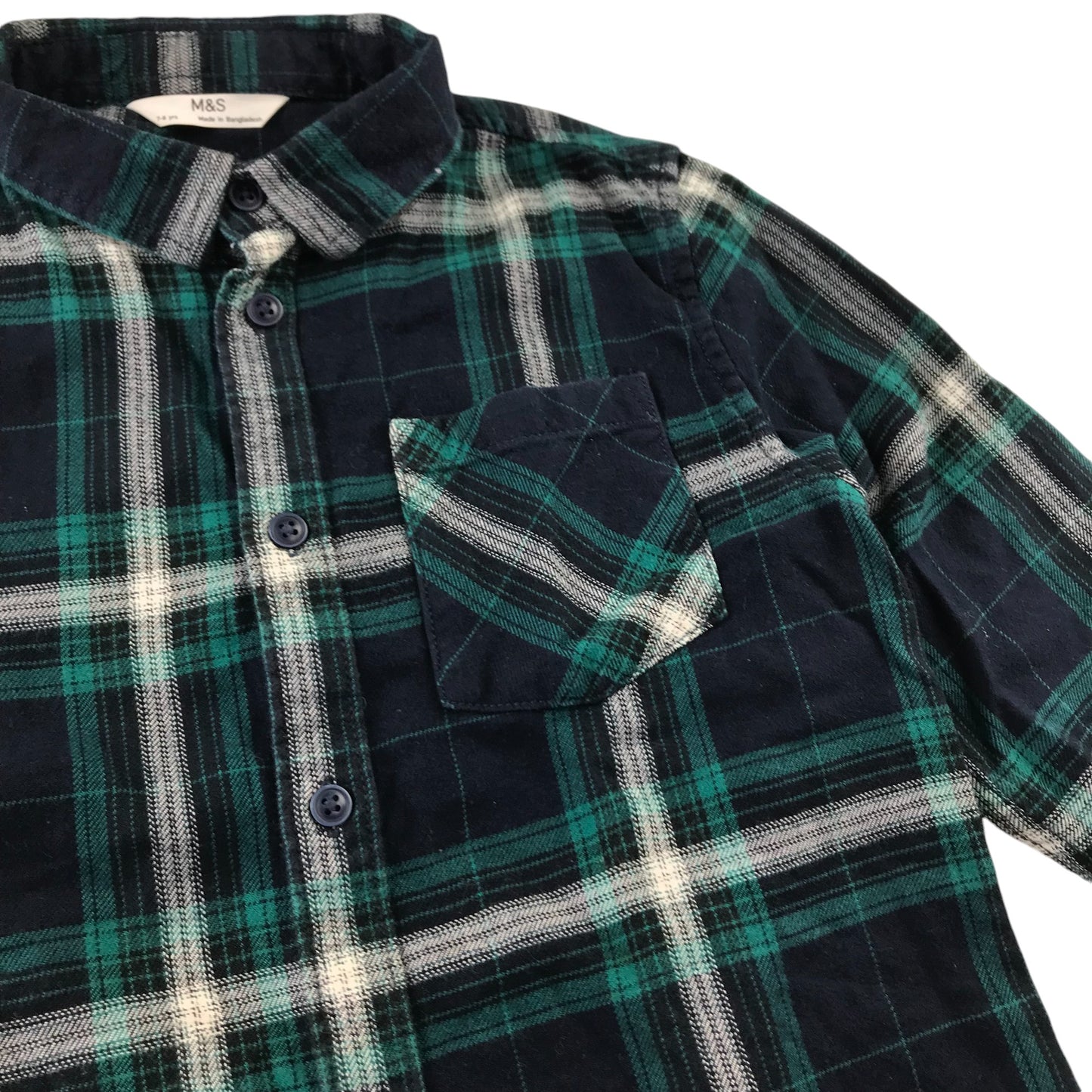 M&S Shirt 7-8 Years Navy and Green Checked Button-Up Cotton