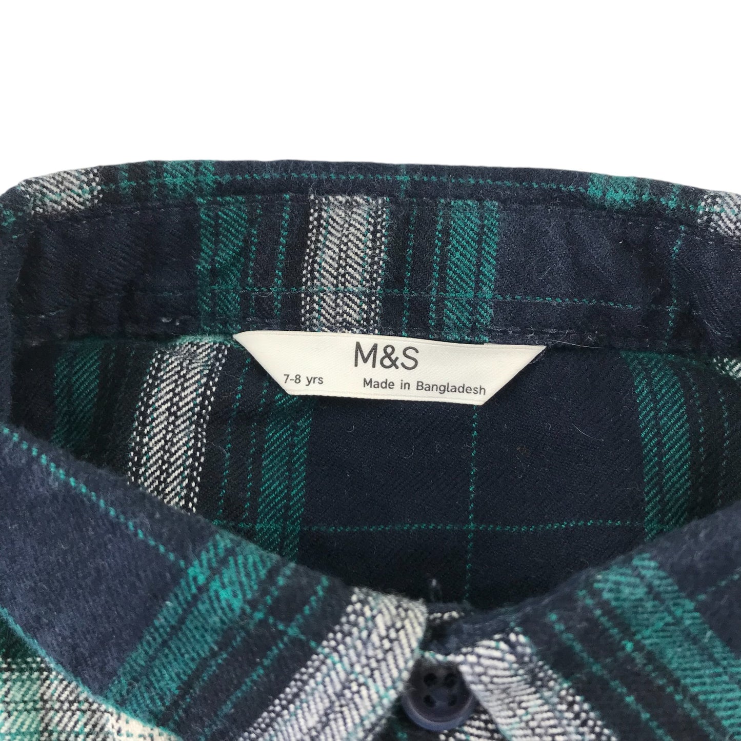 M&S Shirt 7-8 Years Navy and Green Checked Button-Up Cotton