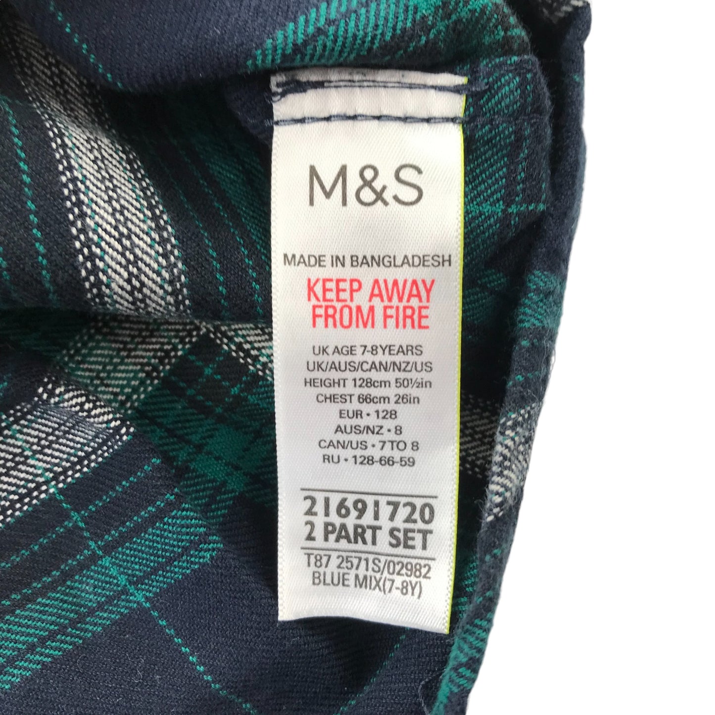 M&S Shirt 7-8 Years Navy and Green Checked Button-Up Cotton