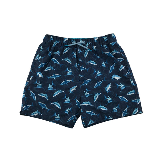 Next swim trunks 11-12 years navy blue sharks print shorts