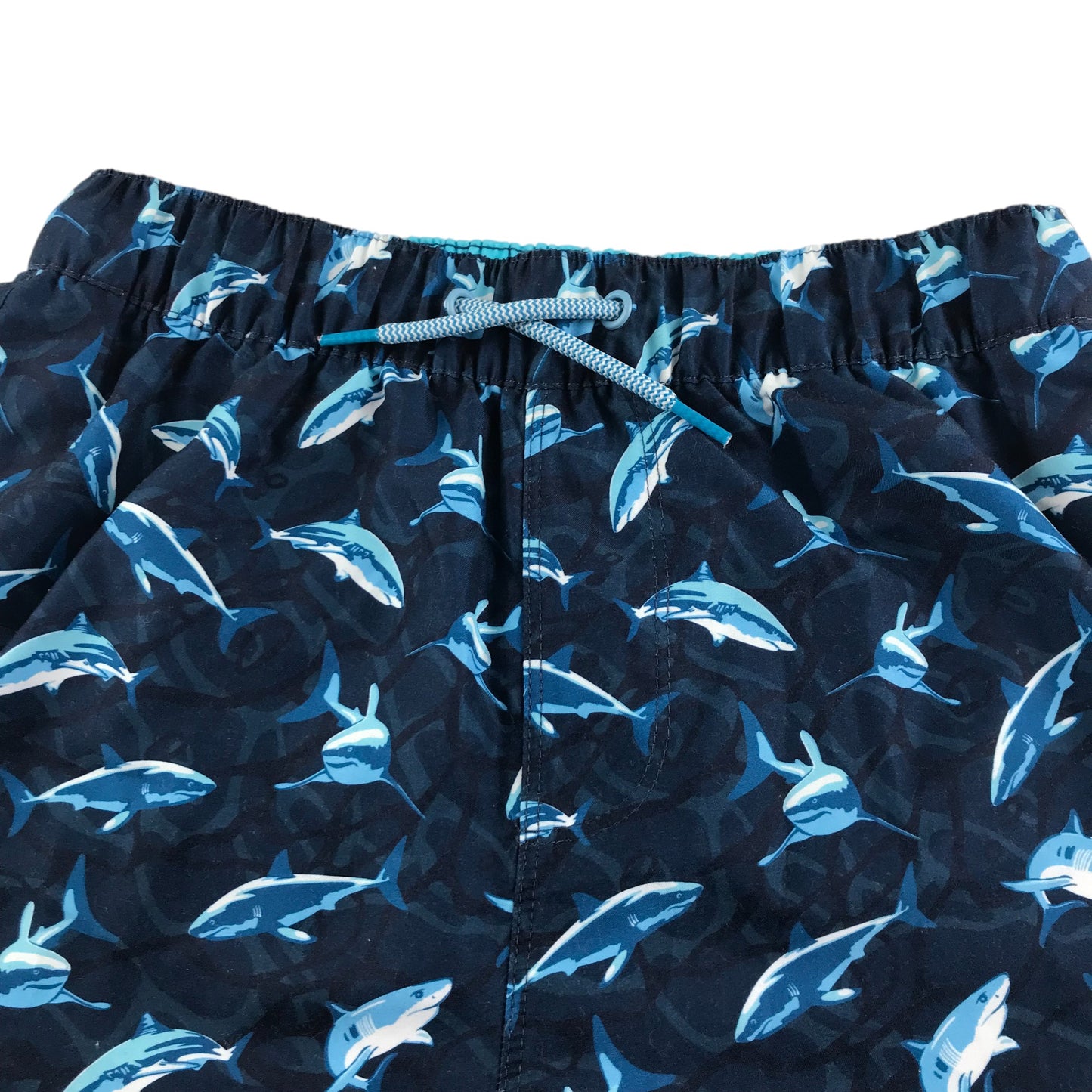 Next swim trunks 11-12 years navy blue sharks print shorts