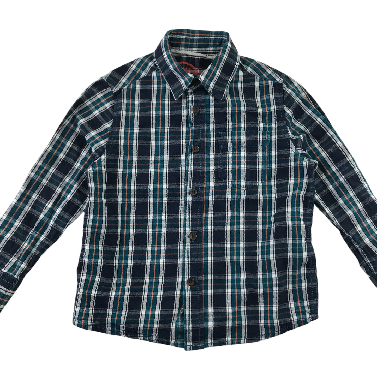 M&S Shirt 5-6 Years Navy and Teal Checked Button-Up Cotton