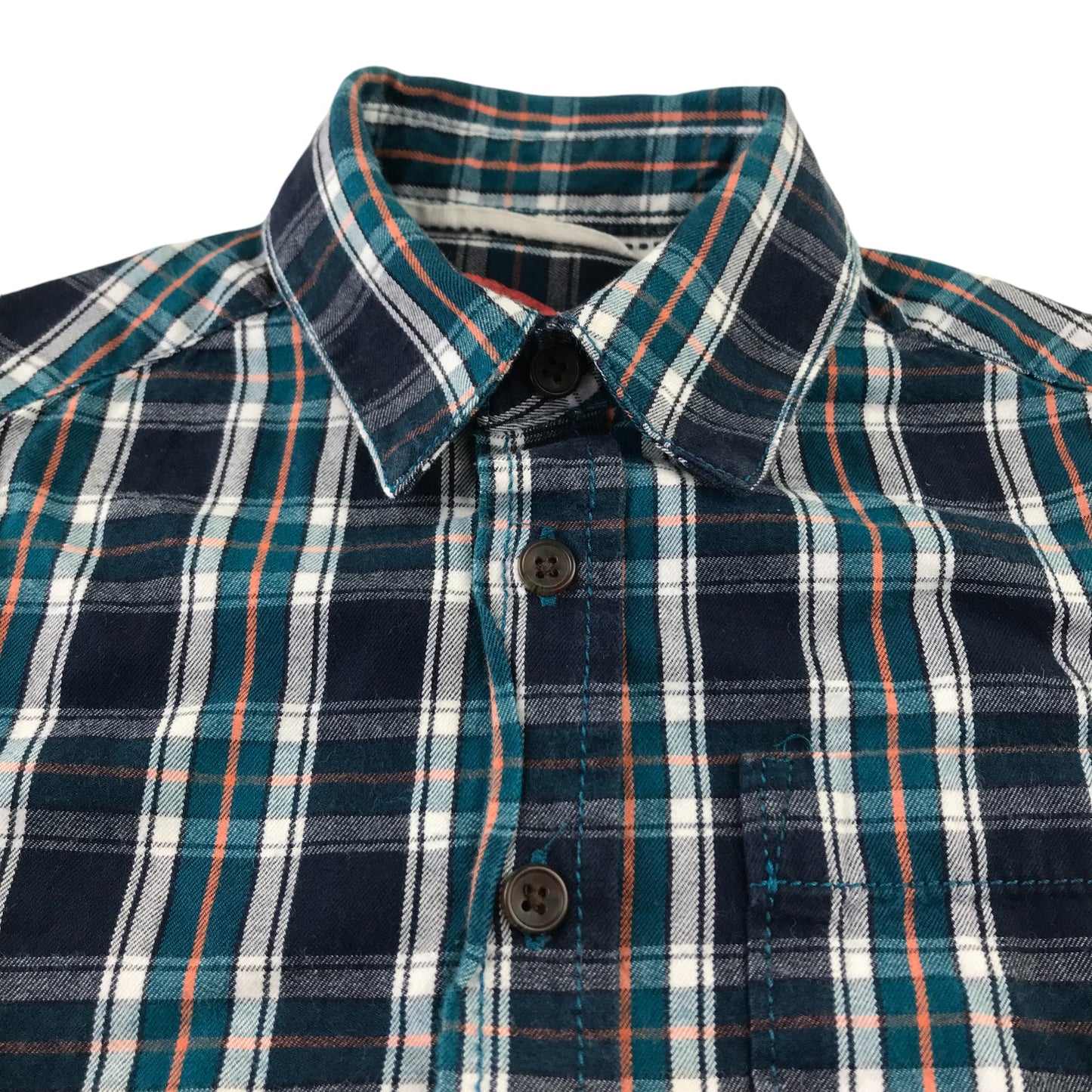 M&S Shirt 5-6 Years Navy and Teal Checked Button-Up Cotton