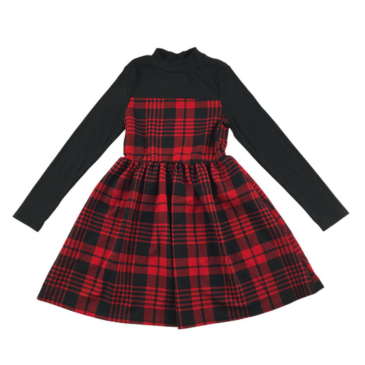 Shein dress 10-11 years black red tartan dress long sleeve