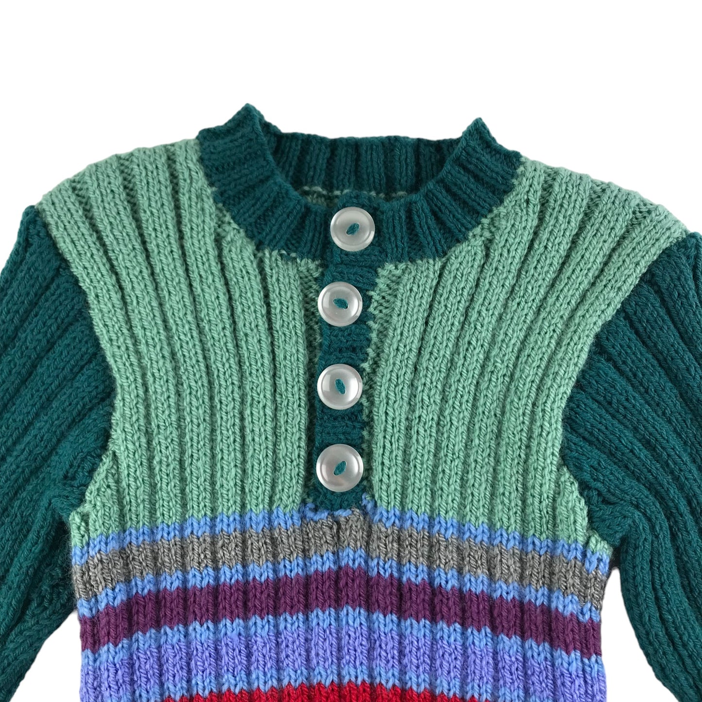 Handmade Jumper Age 5-7 Green Stripy Stretchy Knit with Buttons