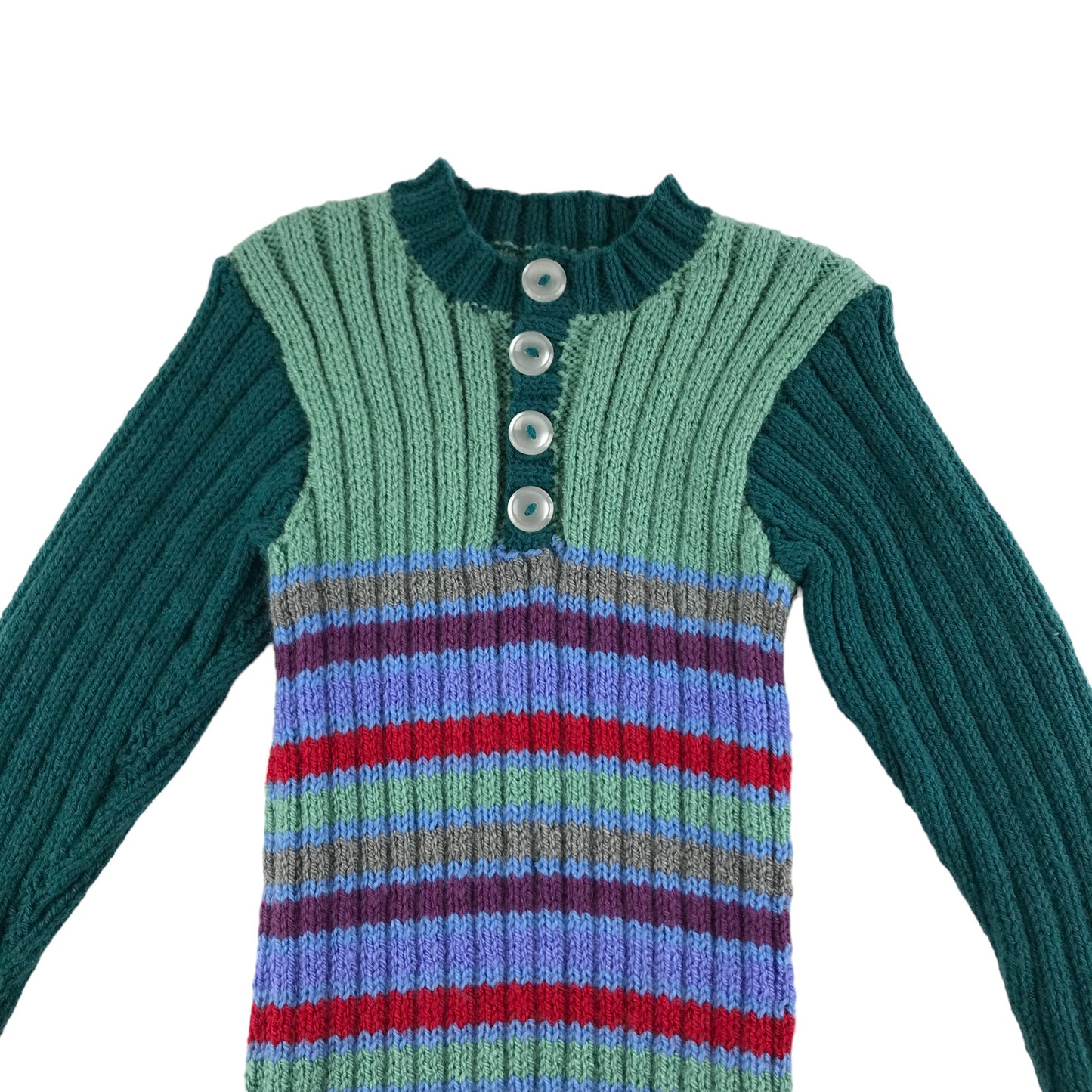 Handmade Jumper Age 5-7 Green Stripy Stretchy Knit with Buttons