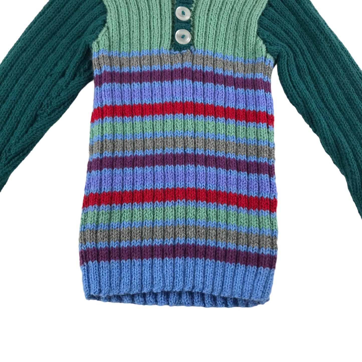 Handmade Jumper Age 5-7 Green Stripy Stretchy Knit with Buttons