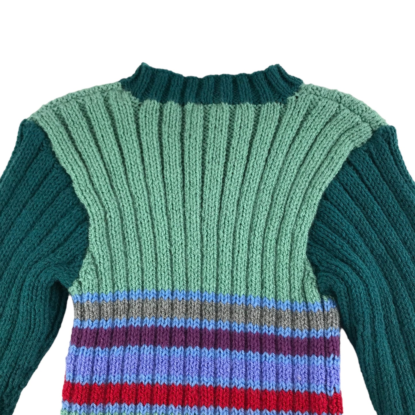 Handmade Jumper Age 5-7 Green Stripy Stretchy Knit with Buttons