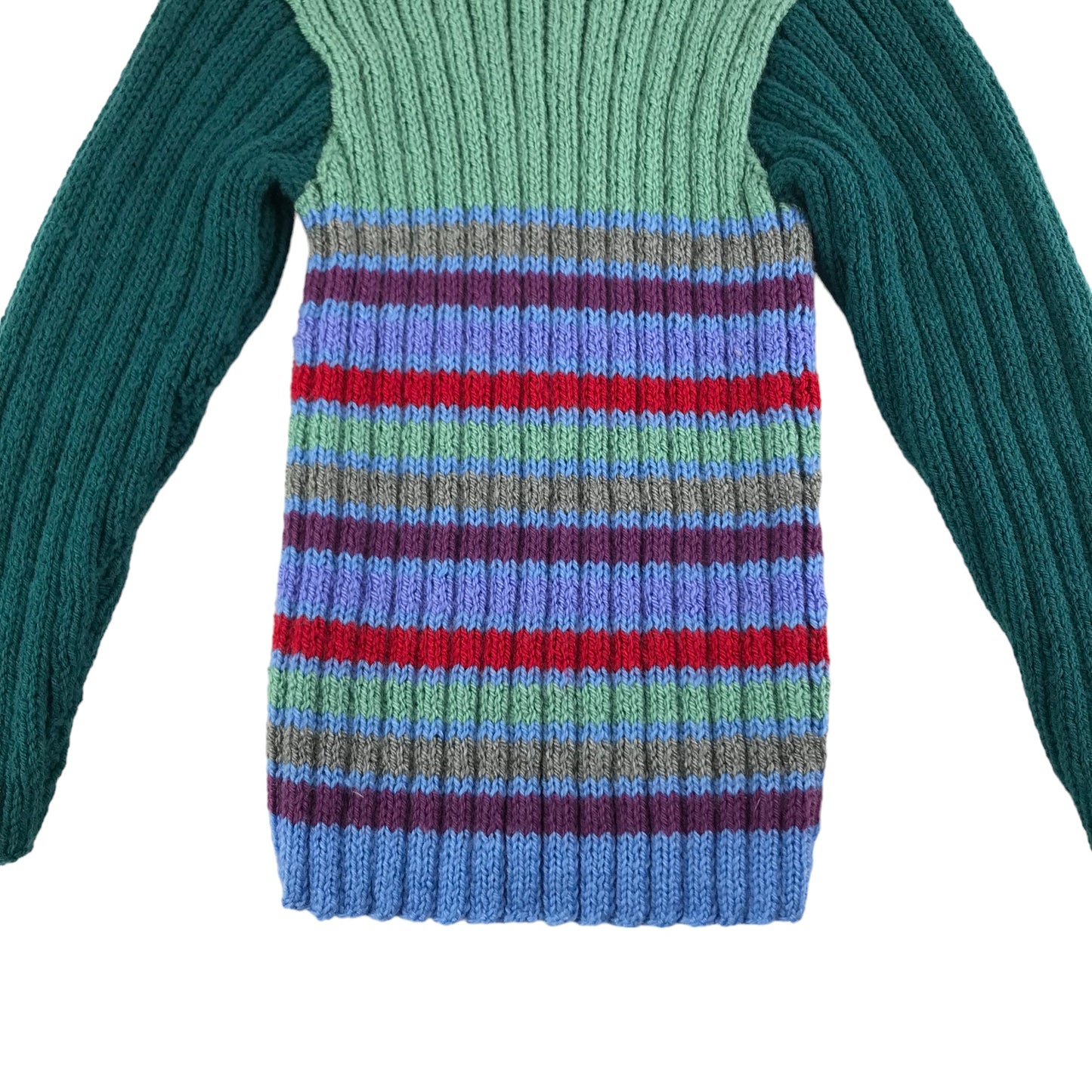 Handmade Jumper Age 5-7 Green Stripy Stretchy Knit with Buttons