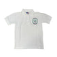 Second-hand Darnley Primary unisex white polo shirt, flat lay view with embroidered school badge.