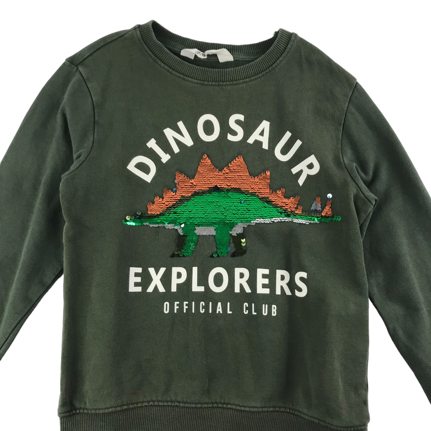 H&M Sweater Age 7 Khaki Green Sequin Dinosaur Jersey Cotton