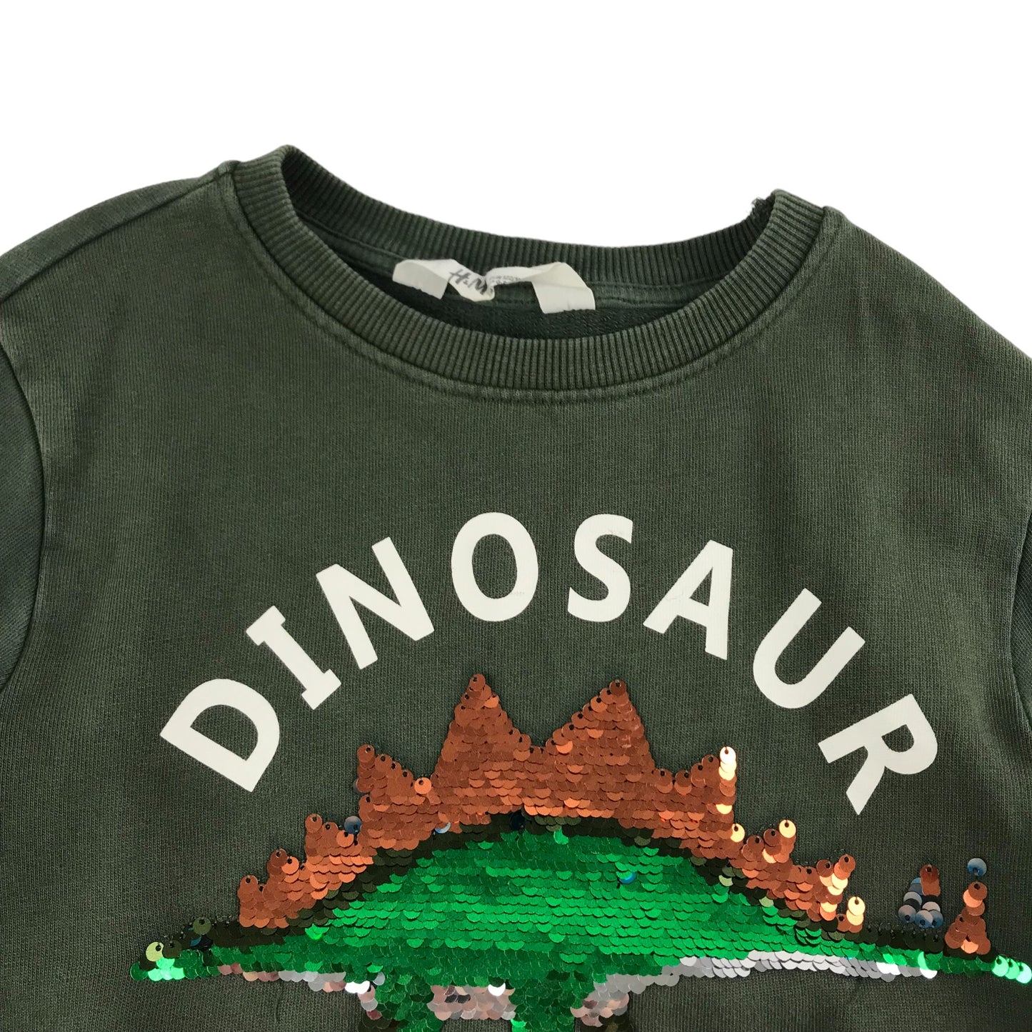 H&M Sweater Age 7 Khaki Green Sequin Dinosaur Jersey Cotton