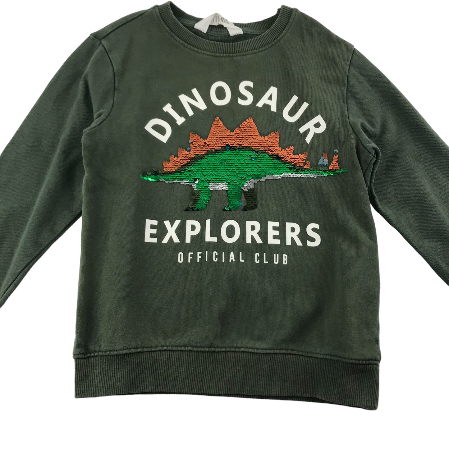 H&M Sweater Age 7 Khaki Green Sequin Dinosaur Jersey Cotton