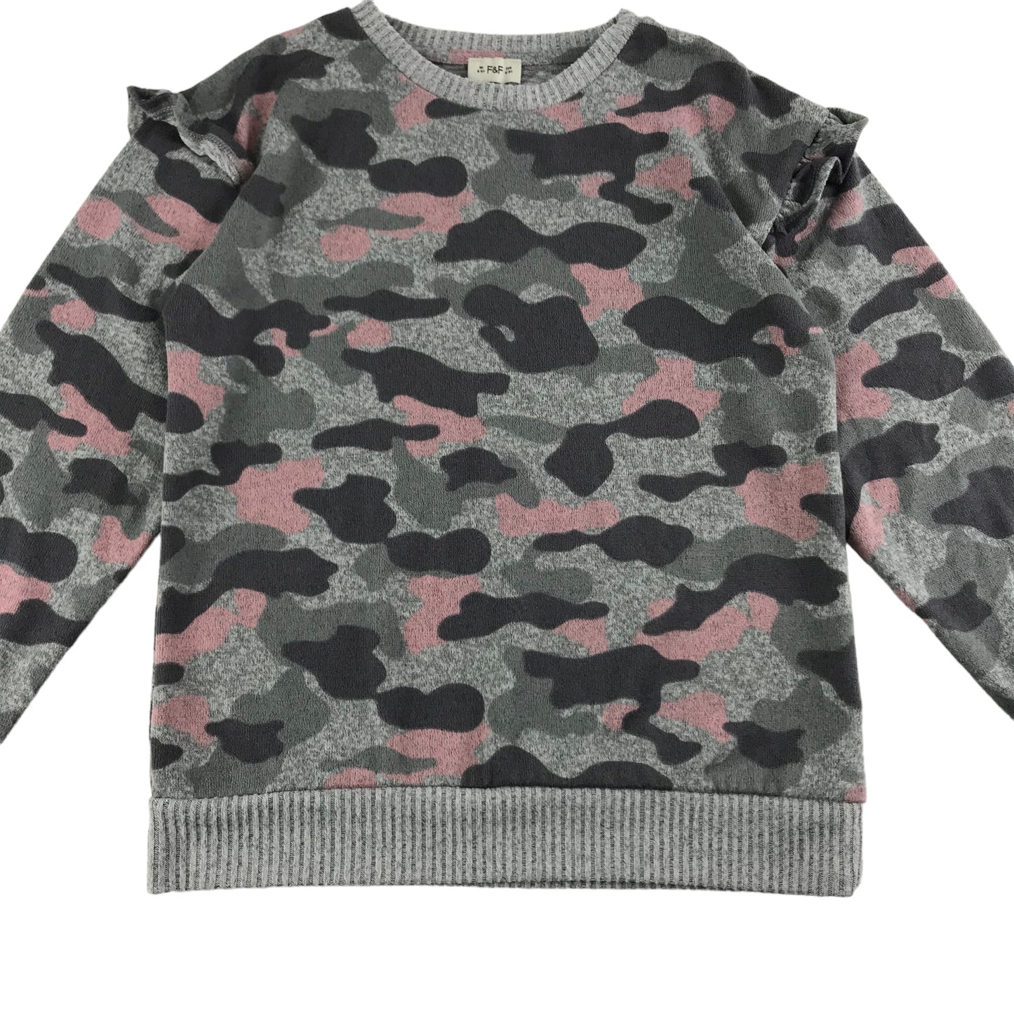 F&F Jumper Age 8 Grey and Pink Camo Pattern Frill Details