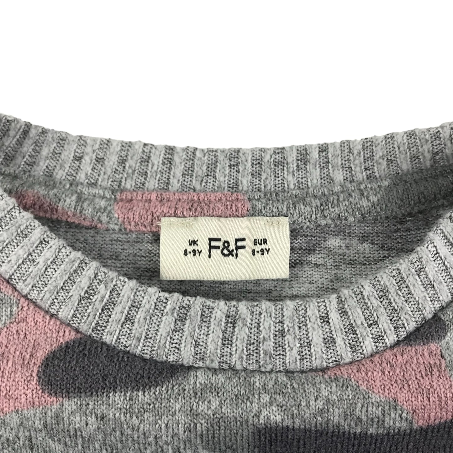 F&F Jumper Age 8 Grey and Pink Camo Pattern Frill Details