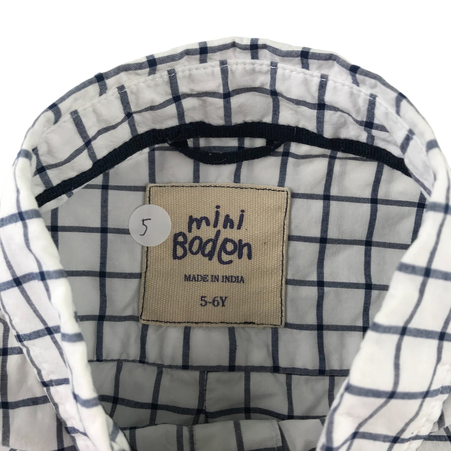Mini Boden Shirt Age 5 White and Navy Checked Long Sleeve Button Up Cotton