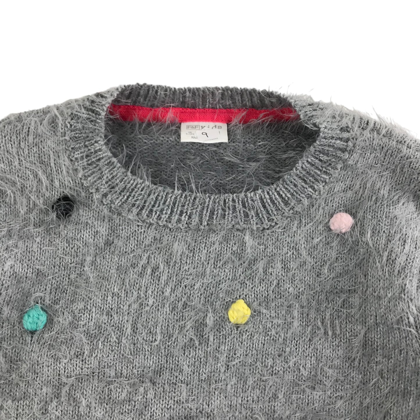 F&F Jumper Age 9 Grey Fluffy Multicolour Bobbles