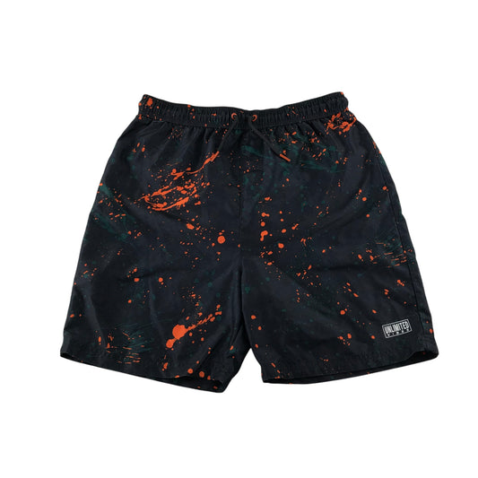 George swim trunks 14-15 years black with orange and green splash pattern shorts