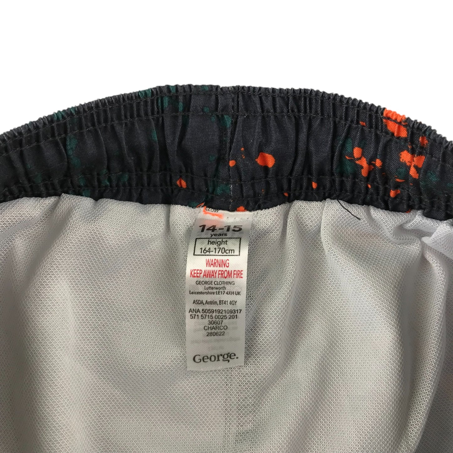 George swim trunks 14-15 years black with orange and green splash pattern shorts