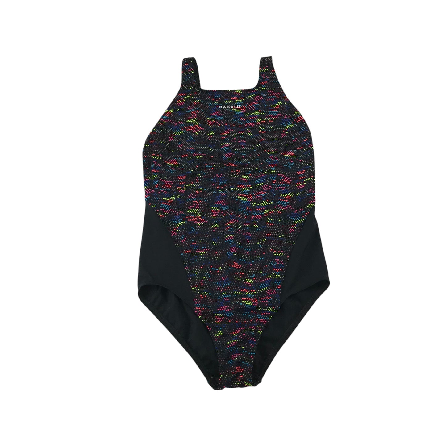 Decathlon swimsuit 12-13 years black with multicolour pixelated print one-piece cossie