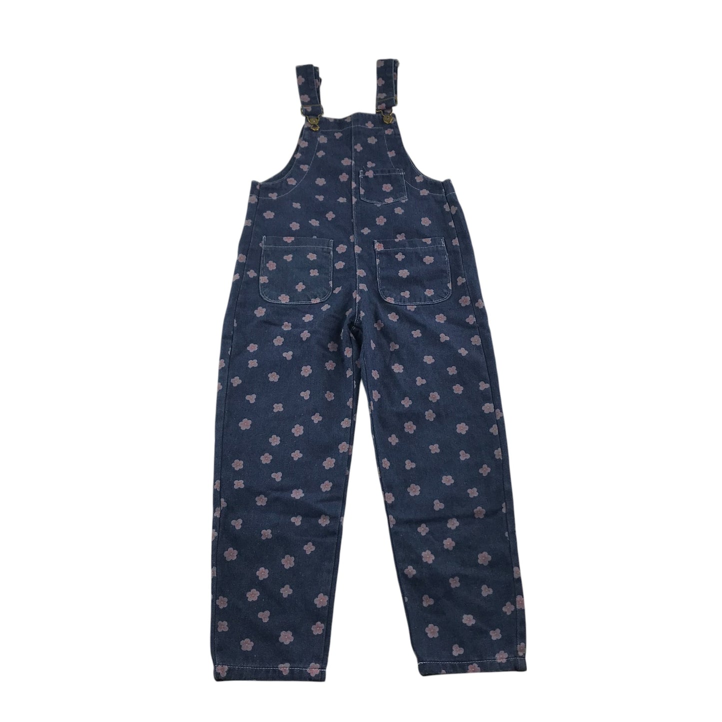 Dungaree Jumpsuit 7-8 years Blue Denim Floral Print Front and Back Pockets