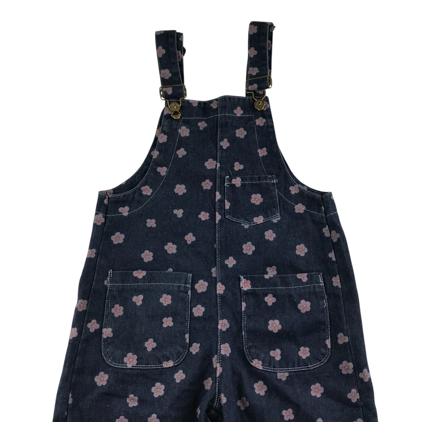 Dungaree Jumpsuit 7-8 years Blue Denim Floral Print Front and Back Pockets