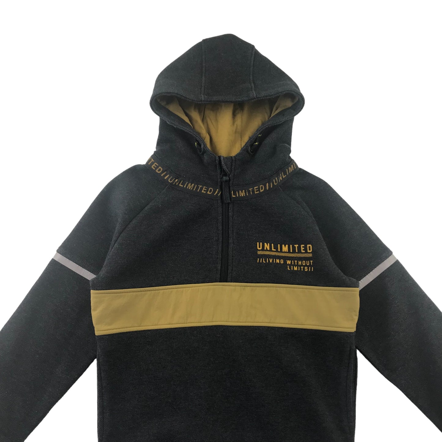 Nutmeg hoodie dark grey with mustard panelling details