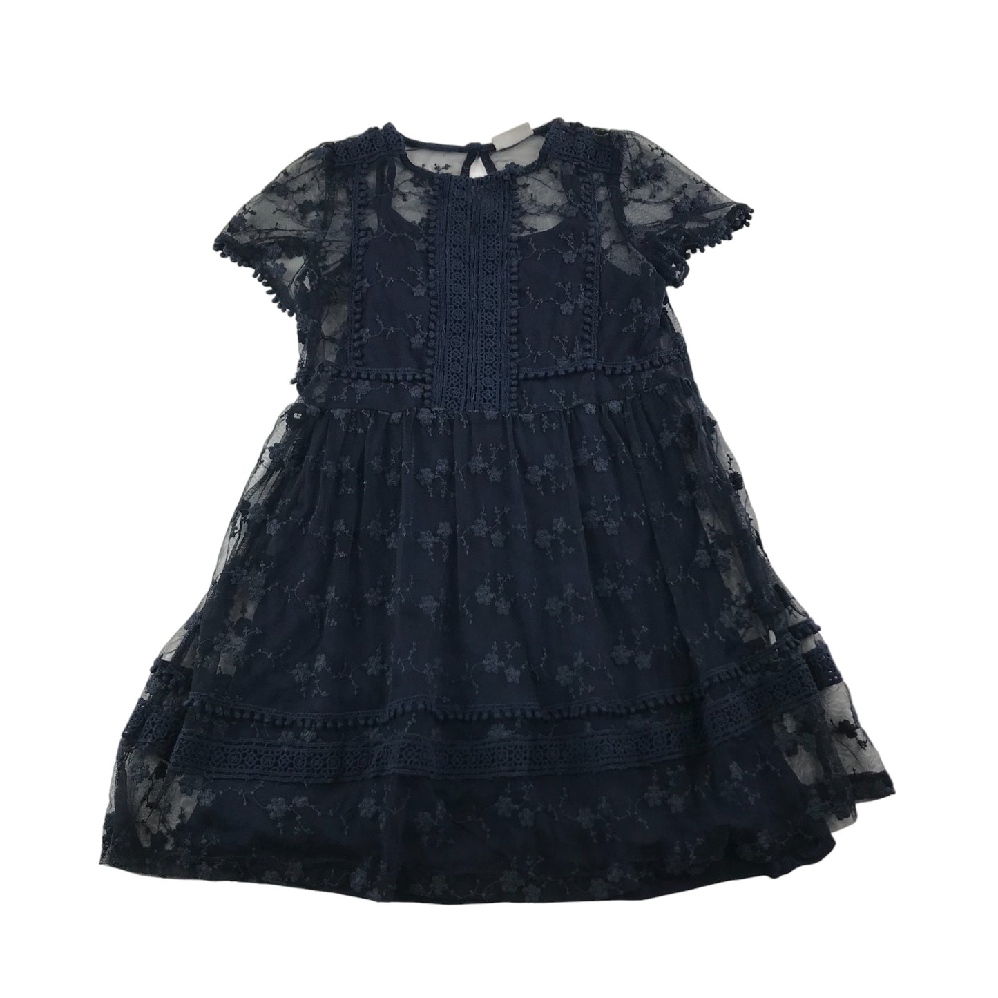 Matalan Dress 8-9 Years Navy Lace over Layer with Floral Design and Under Layer Plain Navy with Spaghetti Straps Cotton