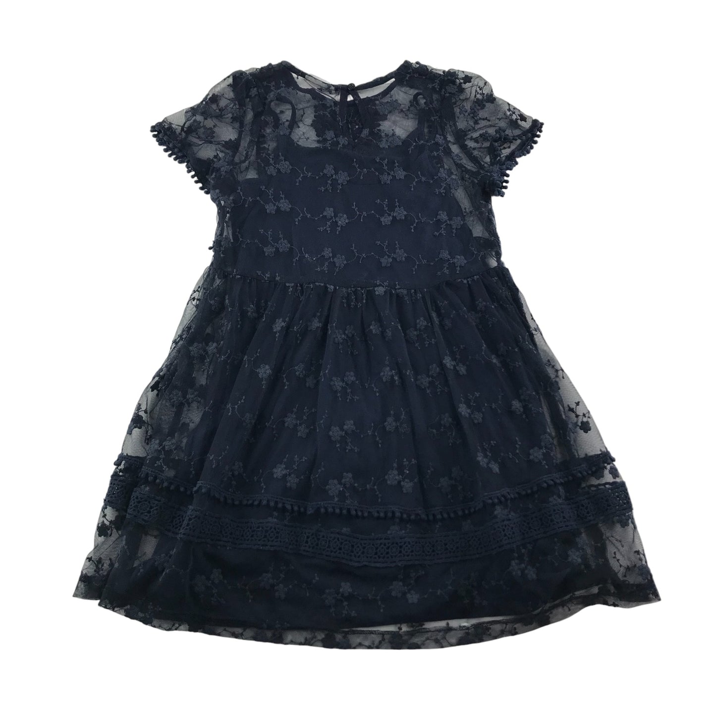 Matalan Dress 8-9 Years Navy Lace over Layer with Floral Design and Under Layer Plain Navy with Spaghetti Straps Cotton