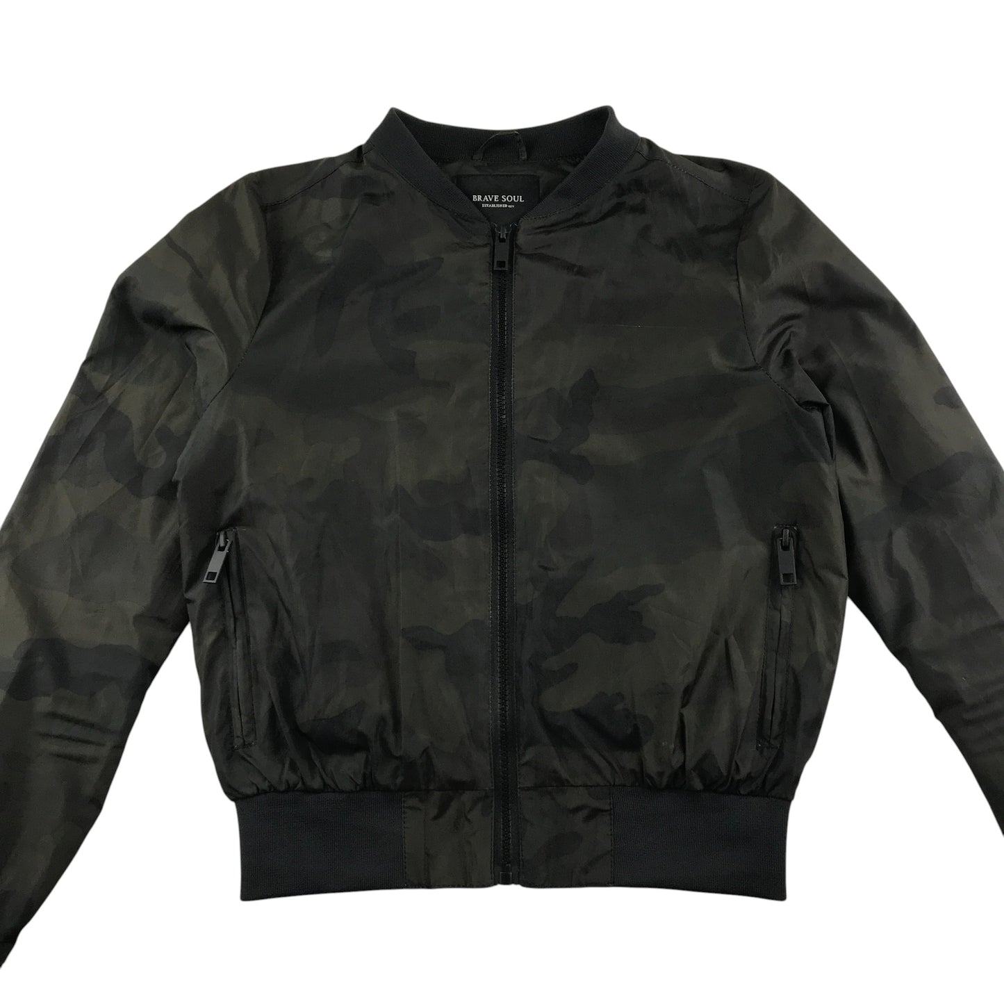 Brave Soul light jacket women's XS dark khaki bomber style cuffed arms and waist camo