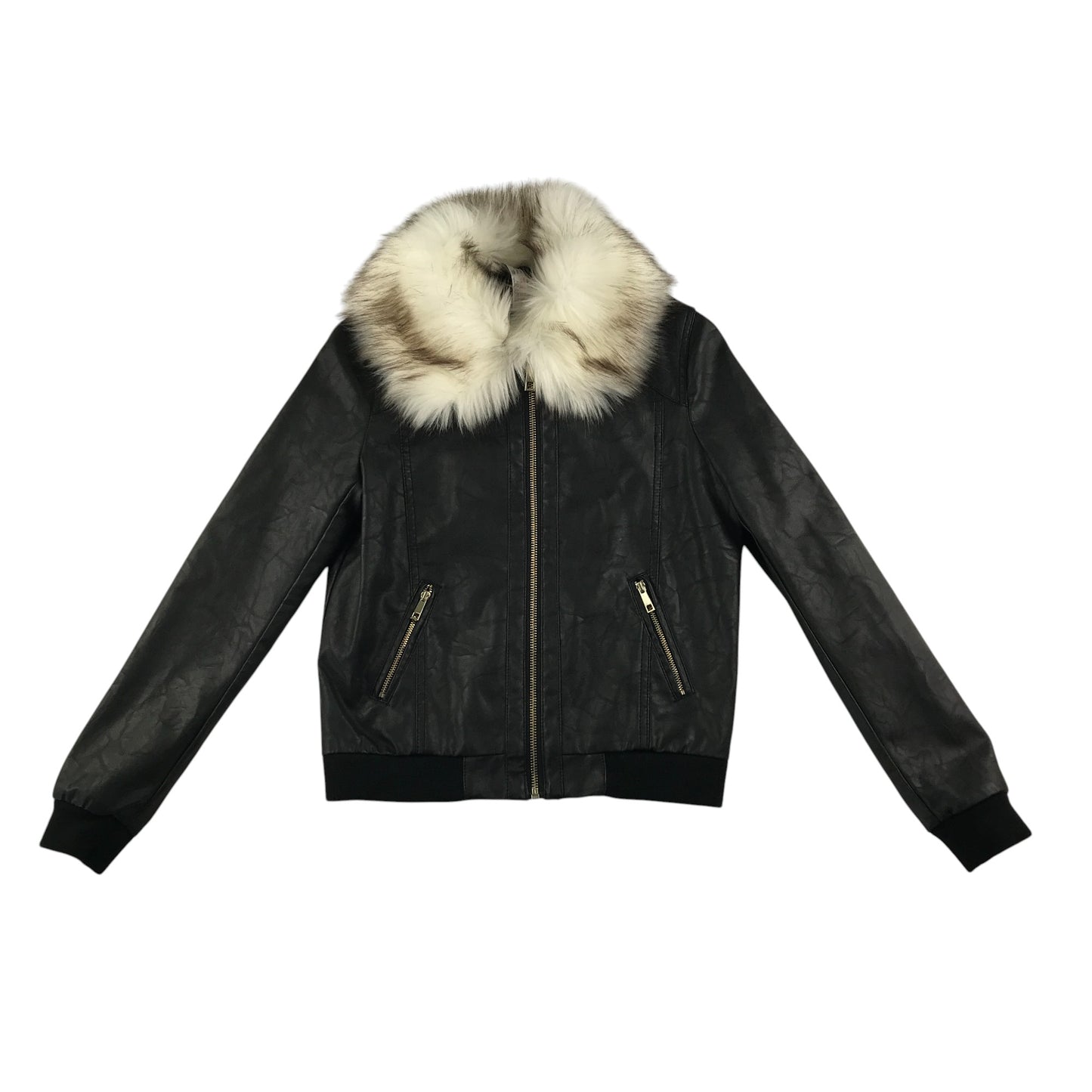 River Island light jacket 11-12 years black bomber style cuffed arms and waist faux fur collar