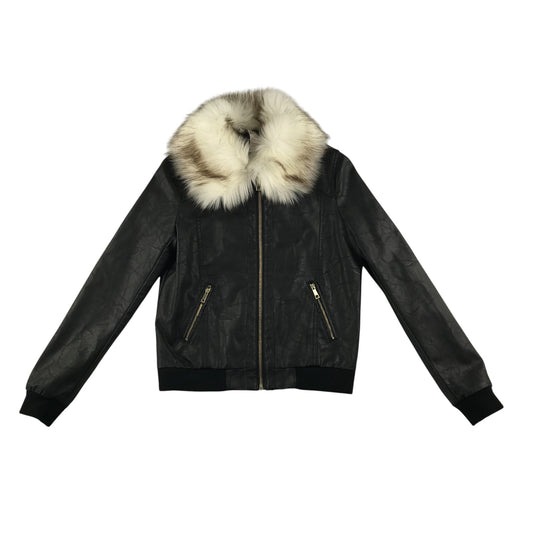 River Island light jacket 11-12 years black bomber style cuffed arms and waist faux fur collar