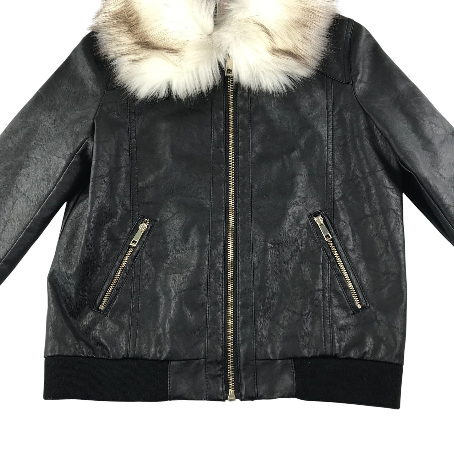 River Island light jacket 11-12 years black bomber style cuffed arms and waist faux fur collar