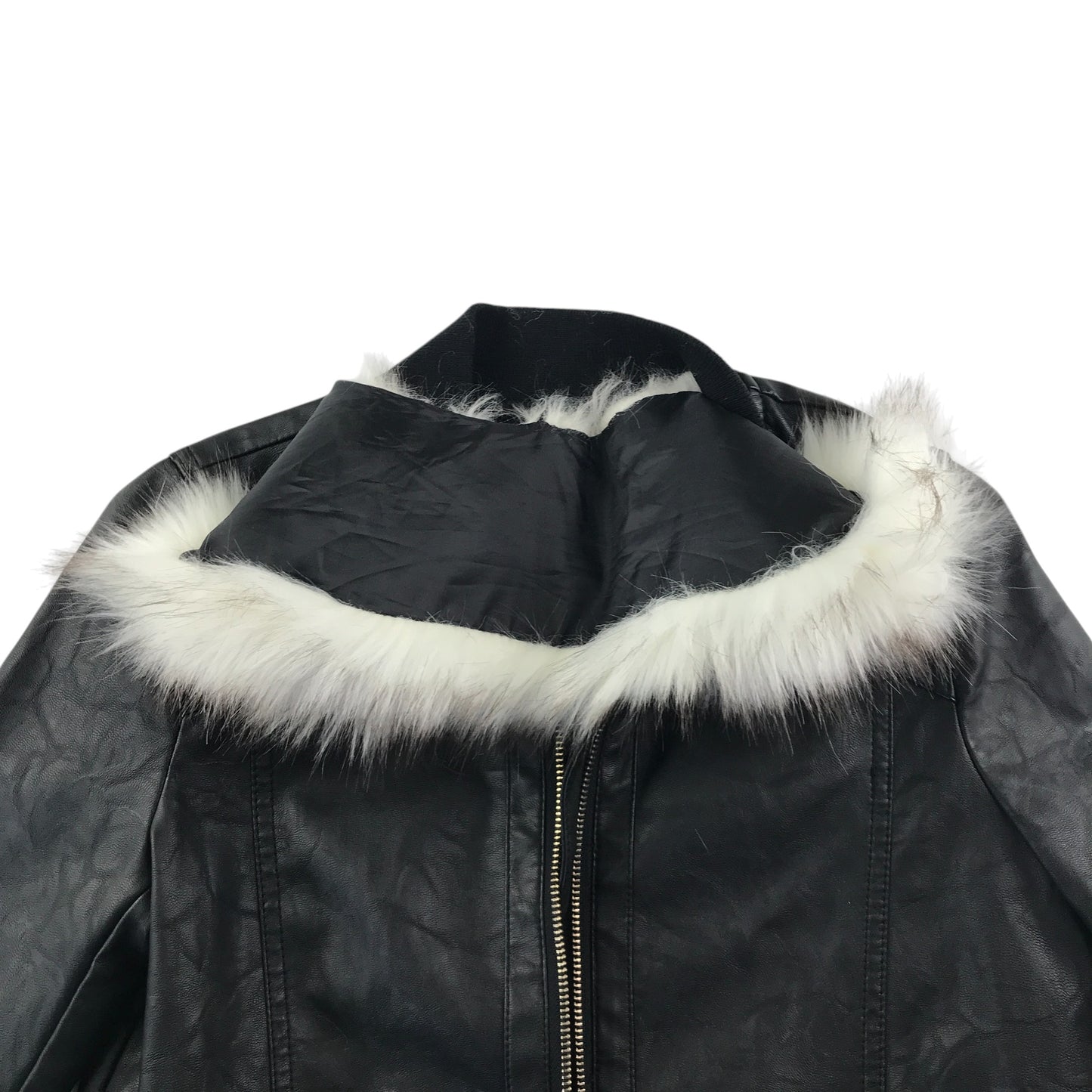 River Island light jacket 11-12 years black bomber style cuffed arms and waist faux fur collar