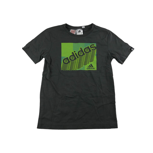 Adidas T-shirt Age 9 Dark Grey Green Graphic Logo Print Cotton