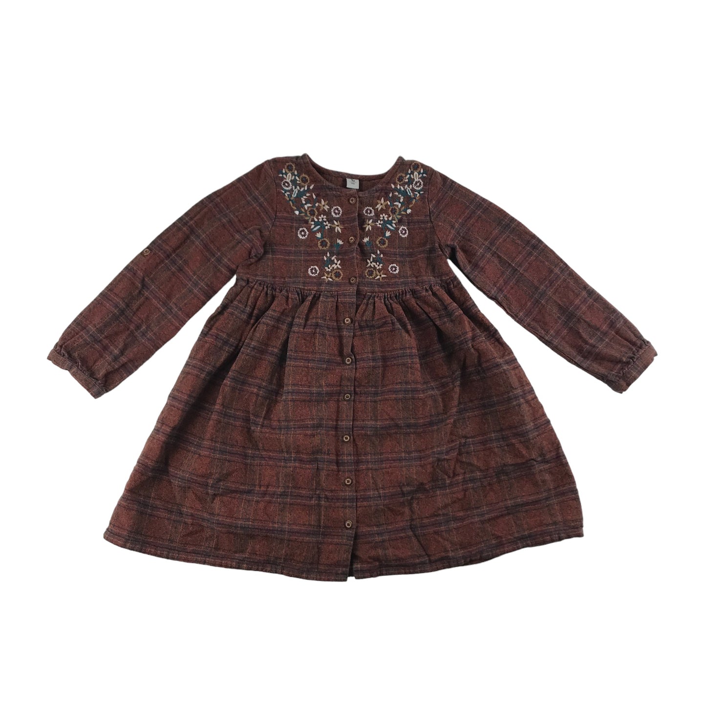 Tu Dress Age 7 Brown Check Pattern Embroidered Flowers Cotton