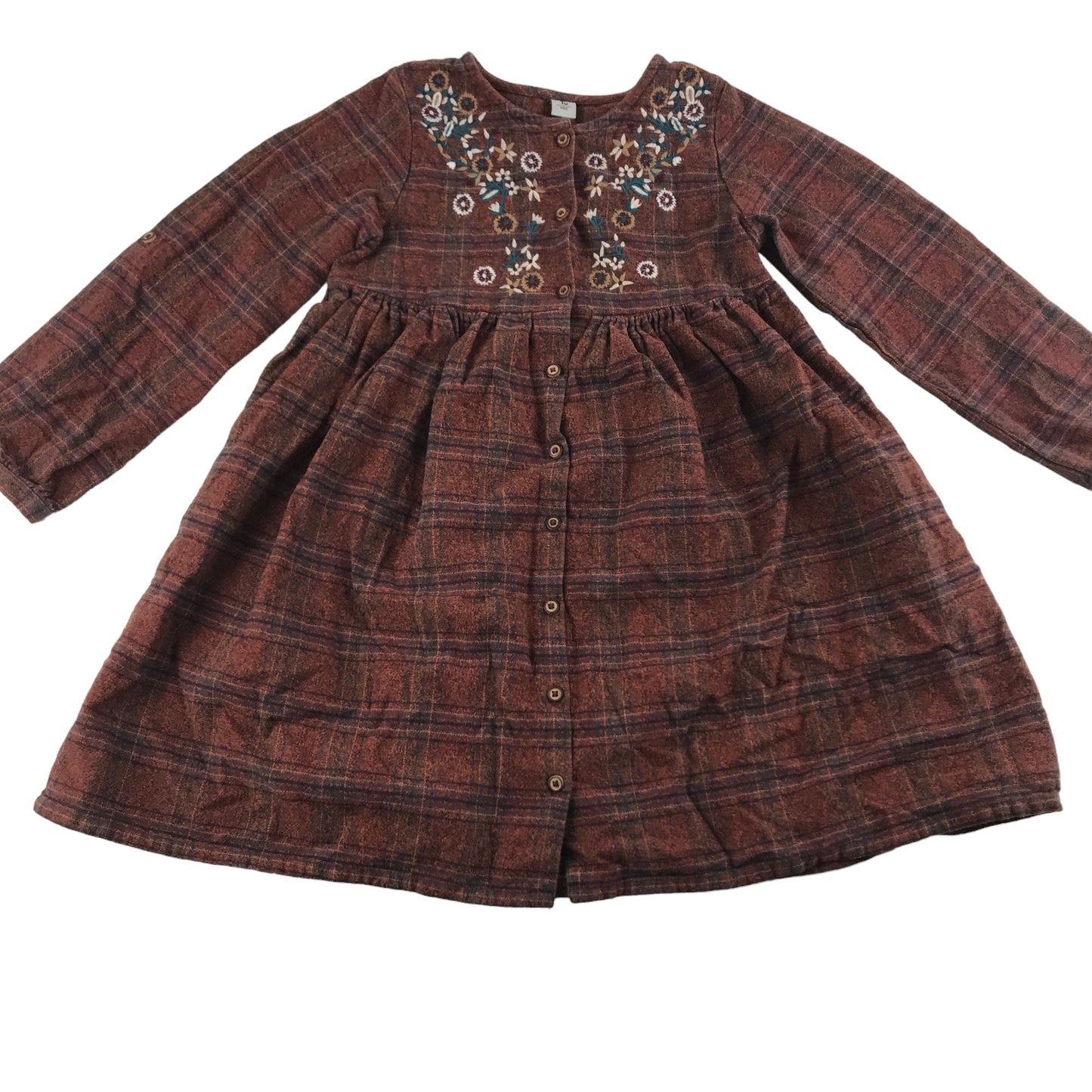 Tu Dress Age 7 Brown Check Pattern Embroidered Flowers Cotton