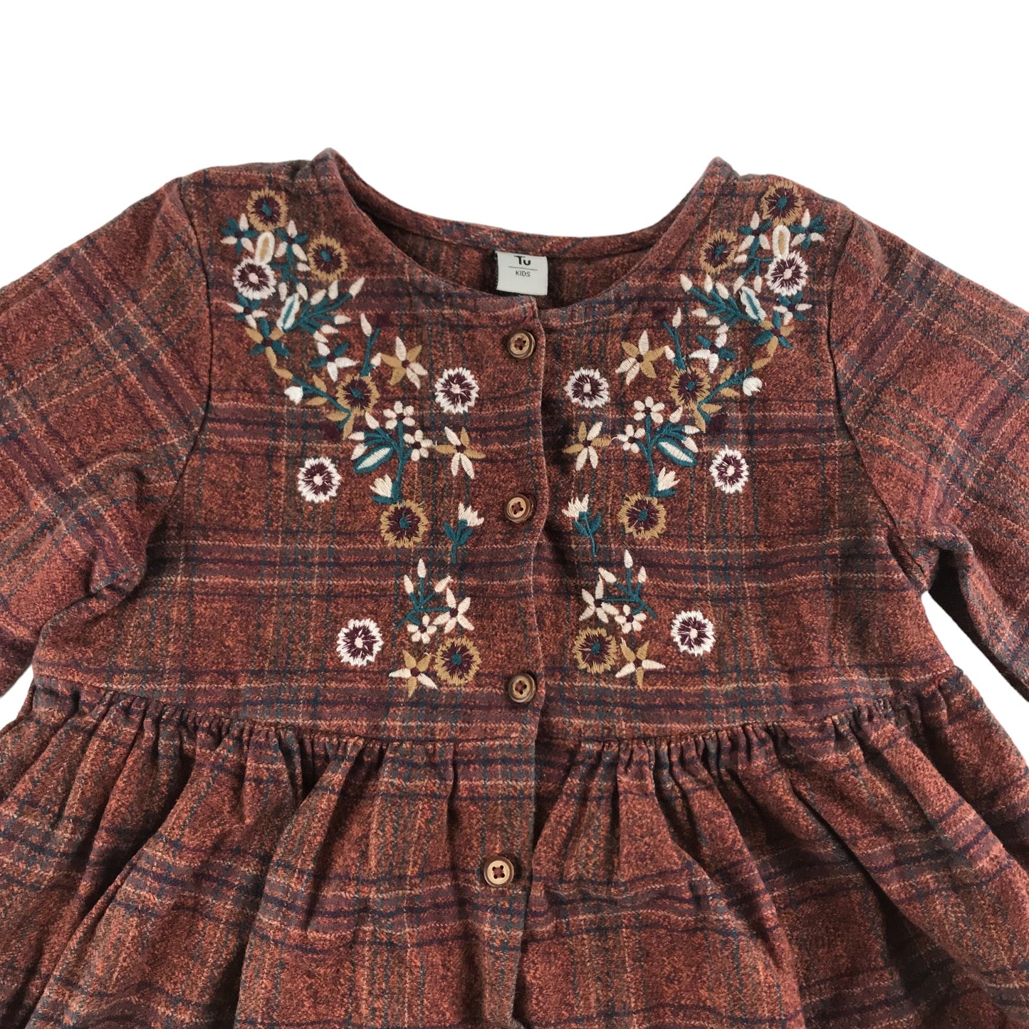 Tu Dress Age 7 Brown Check Pattern Embroidered Flowers Cotton