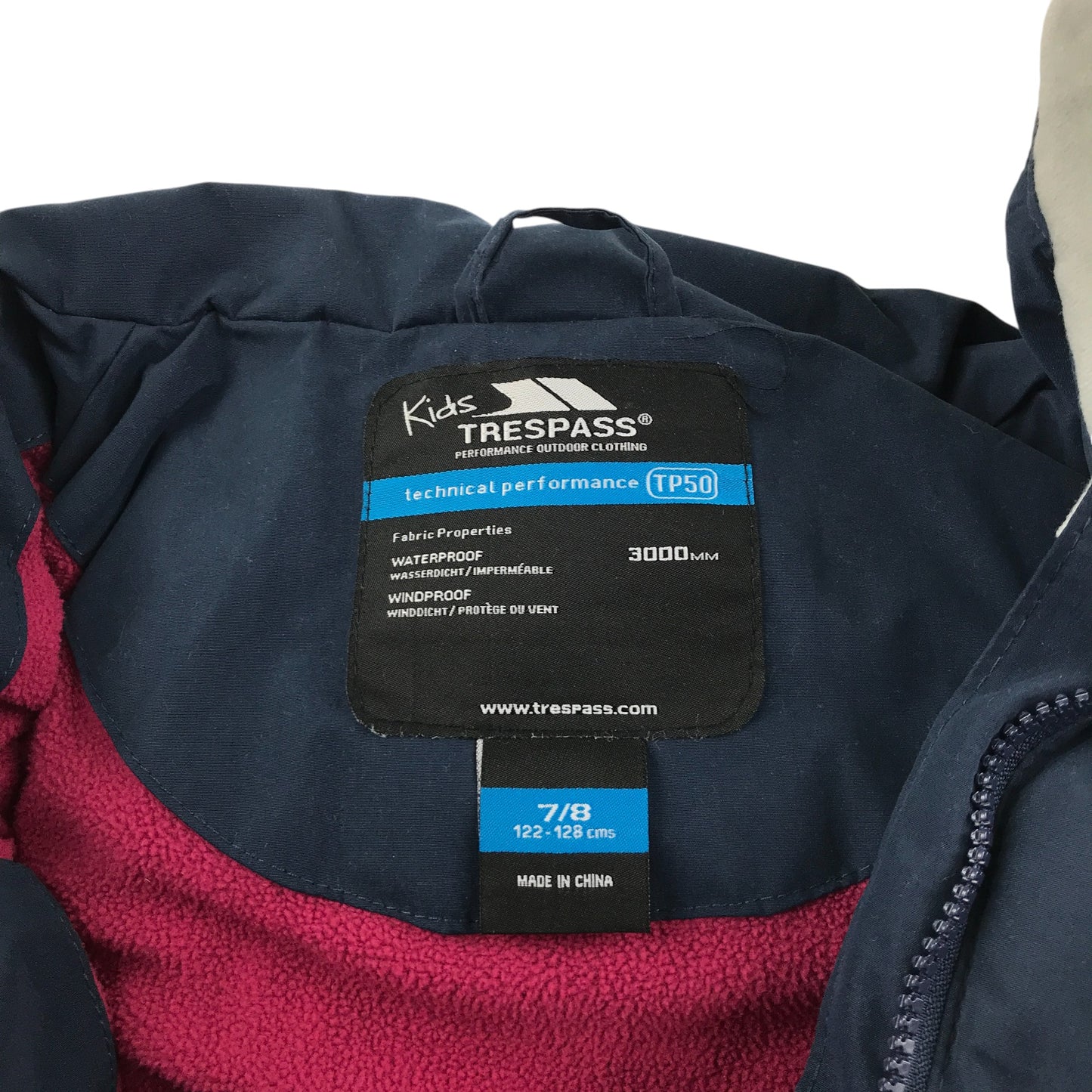 Trespass jacket 7-8 years navy with pink warm fleece lining parka waterproof