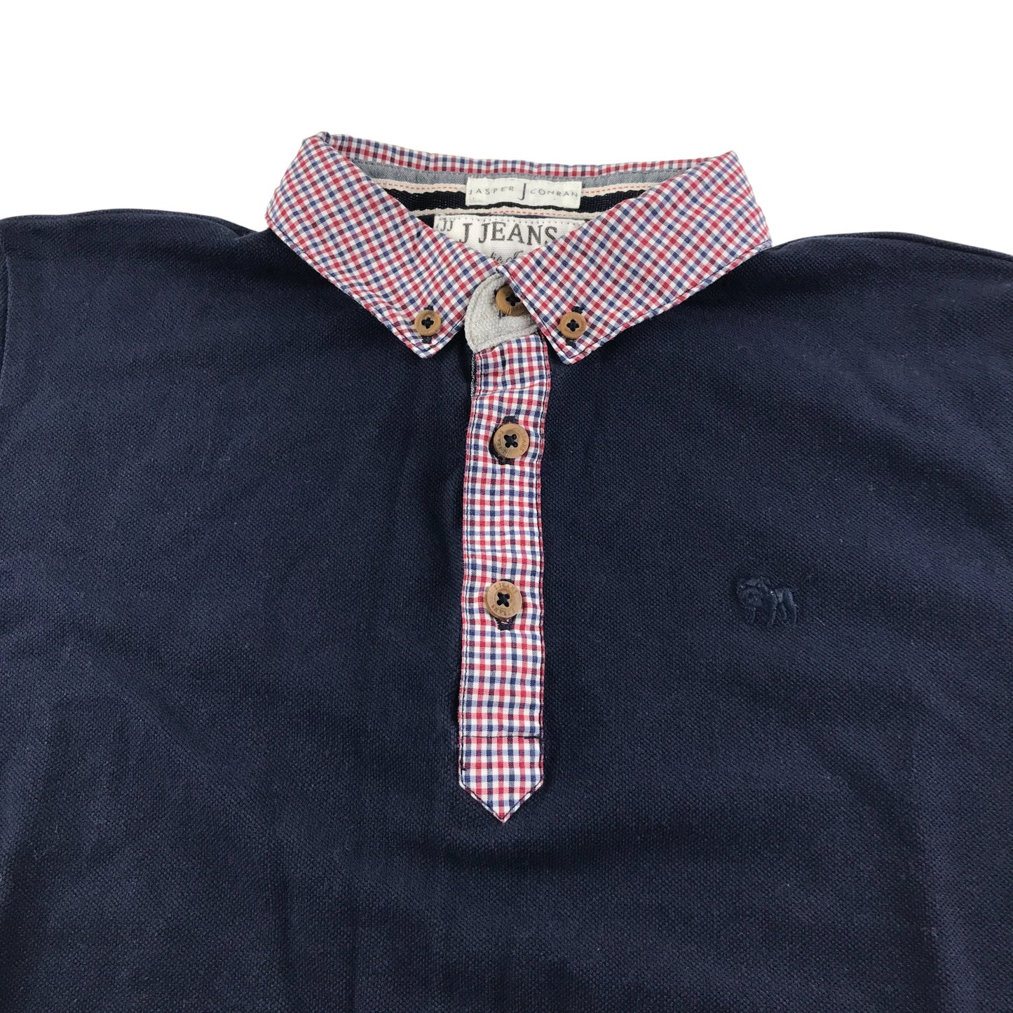 Jasper J Conran polo shirt 11-12 years navy with checked collar and short sleeve hem cotton