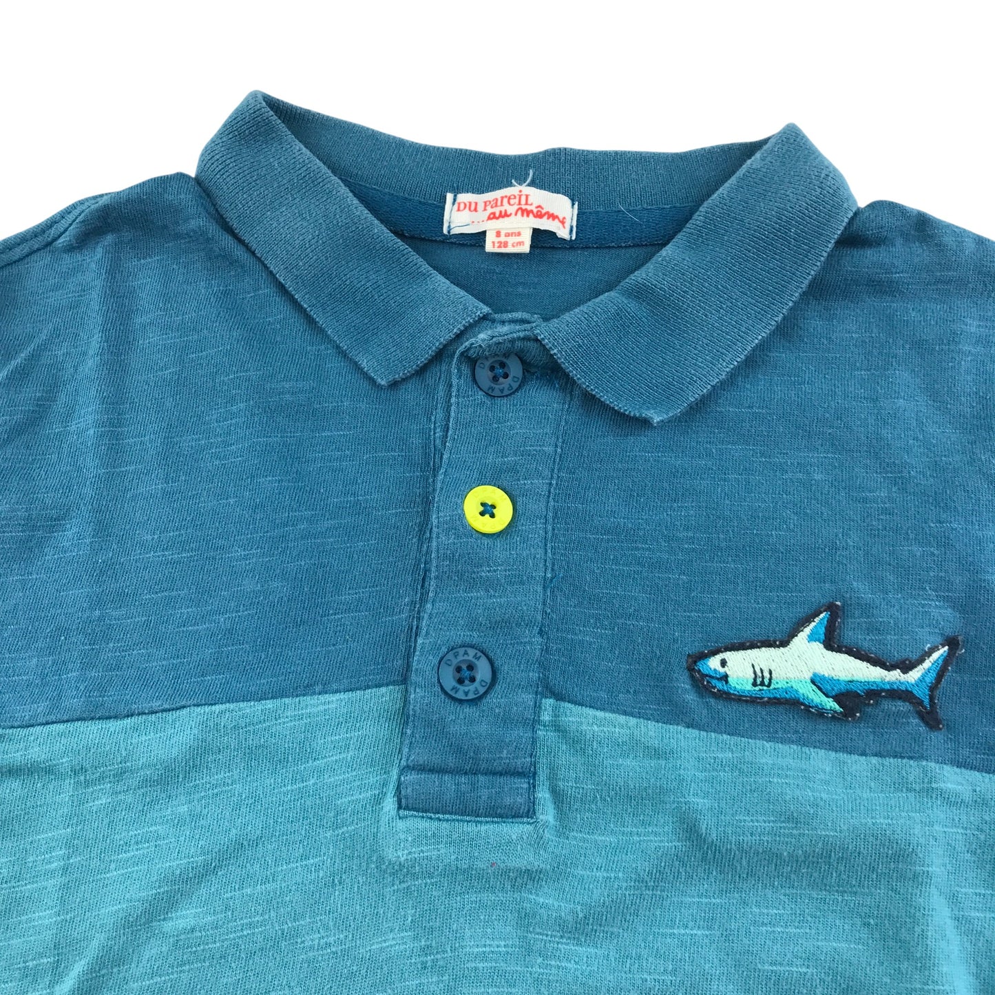 Du pareil au meme polo shirt 7-8 years blue and yellow stripe design with embroidered shark