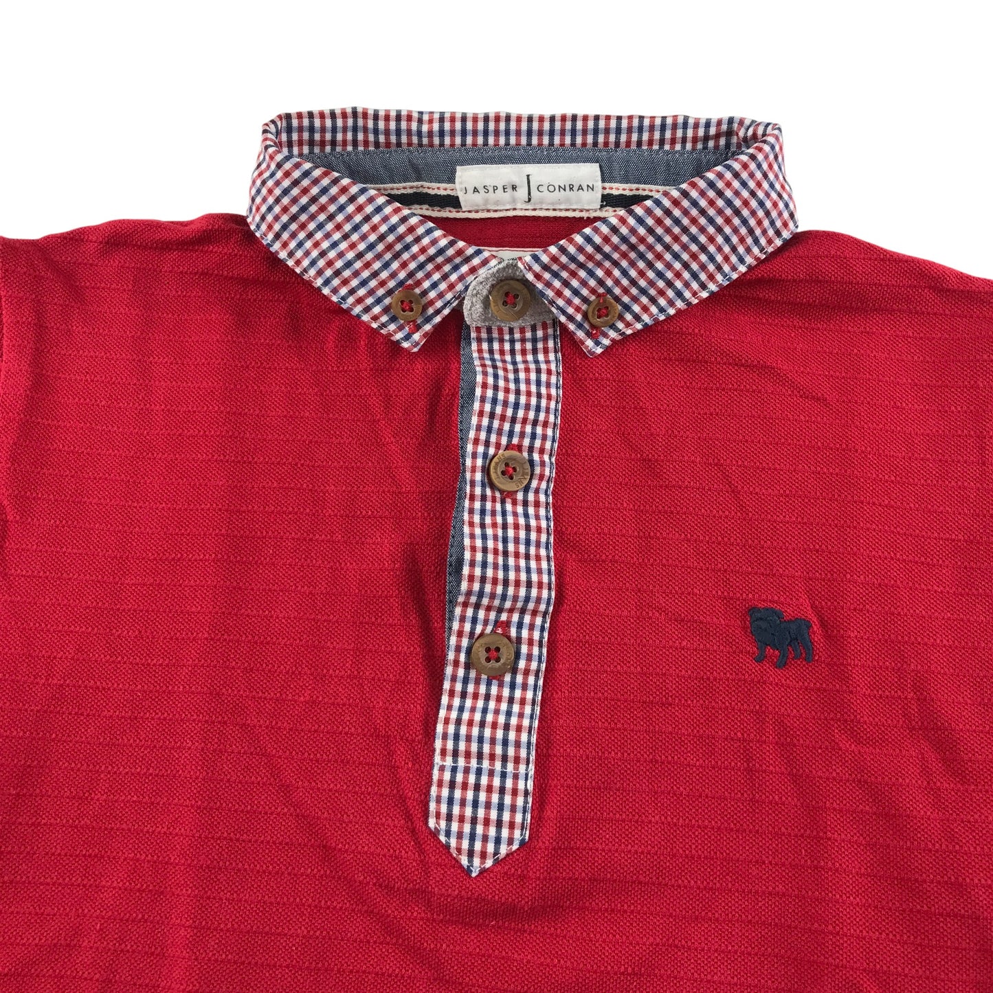 Jasper J Conran polo shirt 6-7 years red with checked collar and sleeve detailing cotton