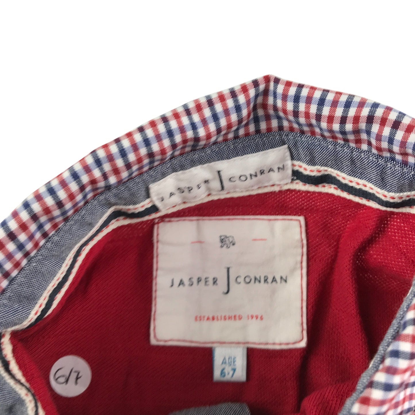 Jasper J Conran polo shirt 6-7 years red with checked collar and sleeve detailing cotton