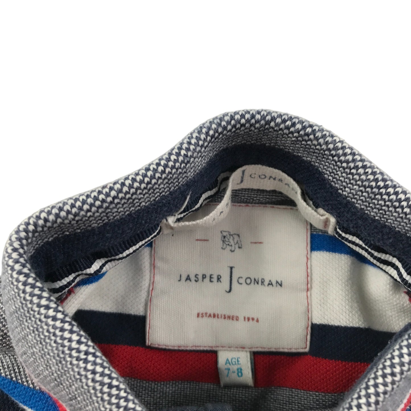 Jasper J Conran polo shirt 7-8 years grey red white stripy with embroidered logo cotton