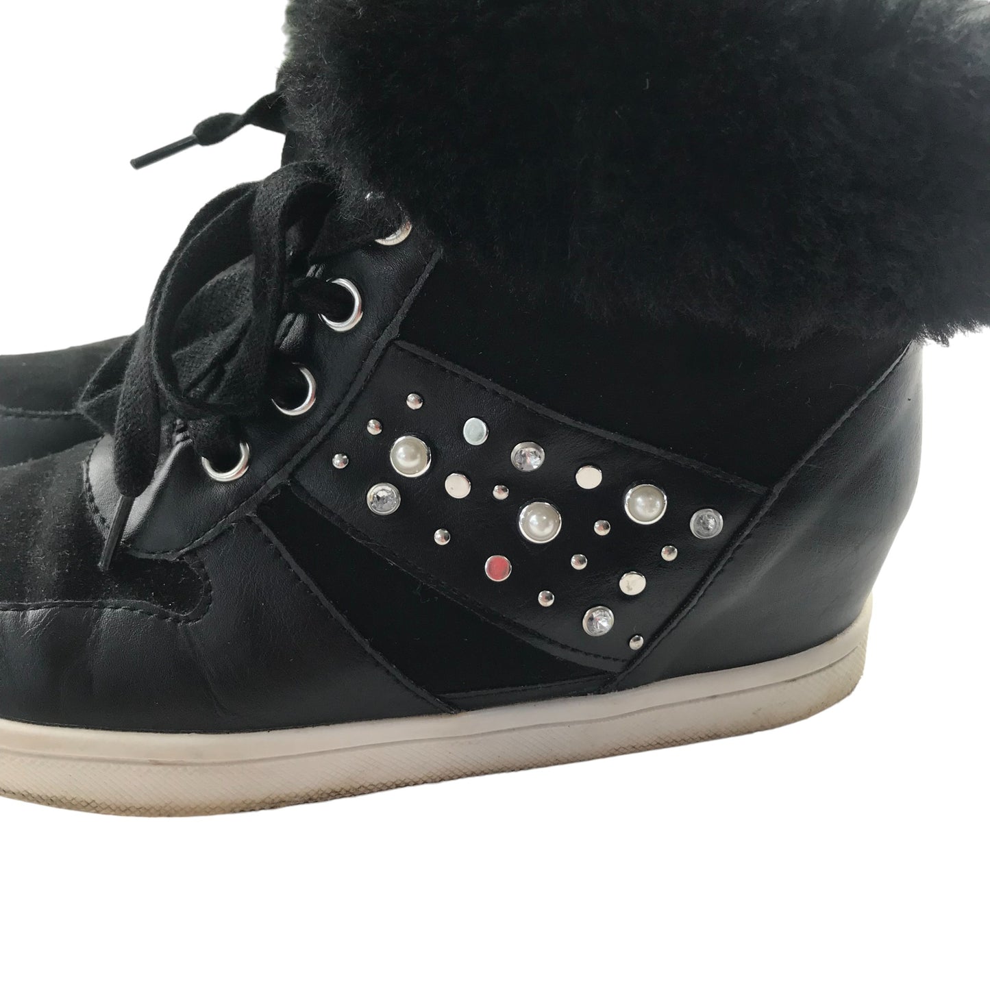 Matalan trainers shoe size 2 black wedge heels and fluffy ankle detail and gems