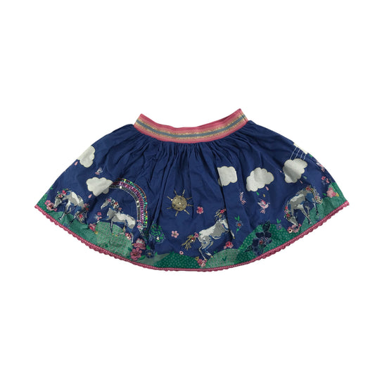 Monsoon skirt 7-8 years blue printed horses and rainbows cotton