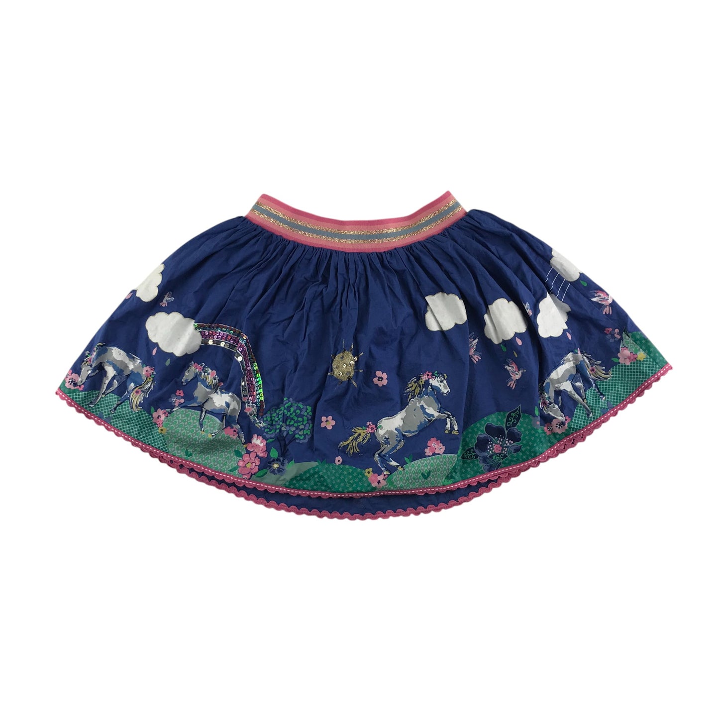 Monsoon skirt 7-8 years blue printed horses and rainbows cotton