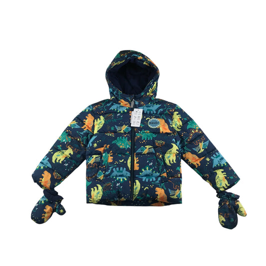 Nutmeg jacket 5-6 years navy blue hooded puffer with dinosaurs and gloves