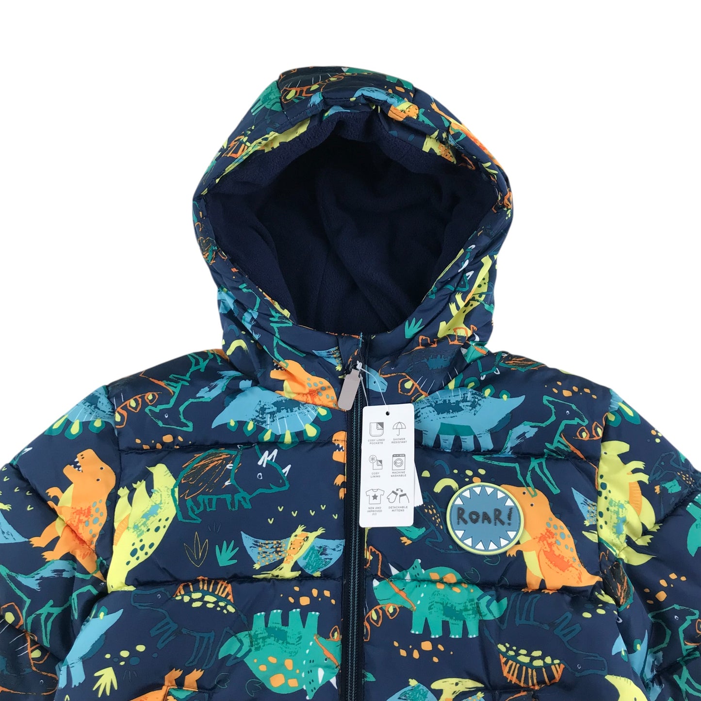 Nutmeg jacket 5-6 years navy blue hooded puffer with dinosaurs and gloves